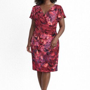 Lauren Ralph Lauren 16Midi Flutter Sleeve  Ruching Waist Red/purple Floral Dress